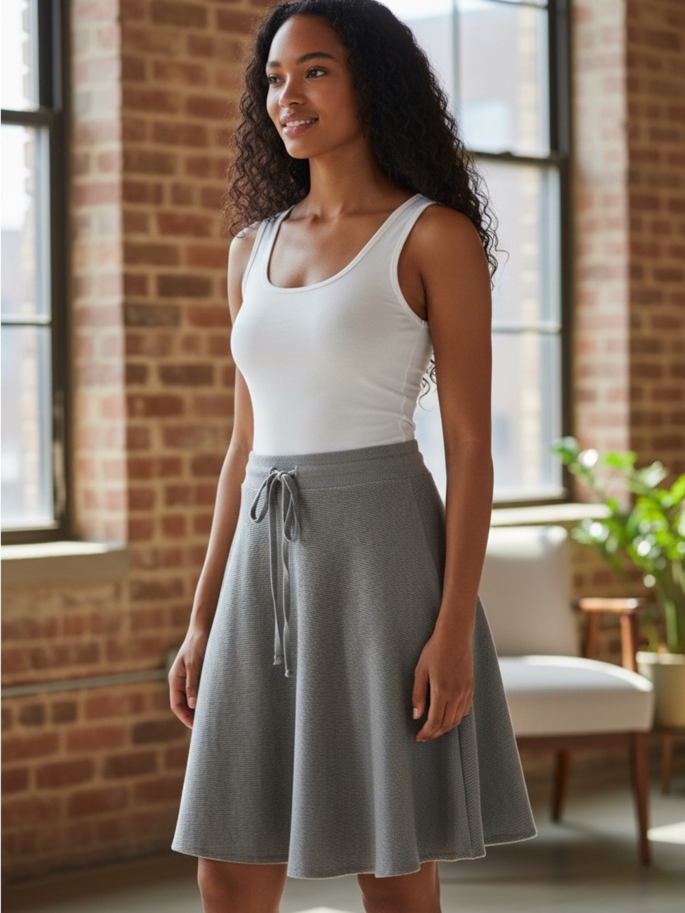 Eileen Fisher Linen Grey  Drawstring Circle Skirt Large